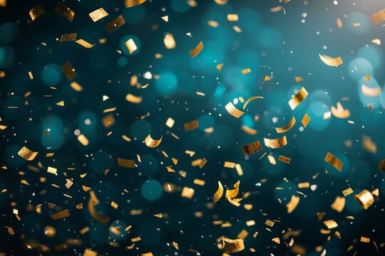 Golden confetti falling on dark teal background with bokeh effect celebratory festive mood - Powered by Adobe