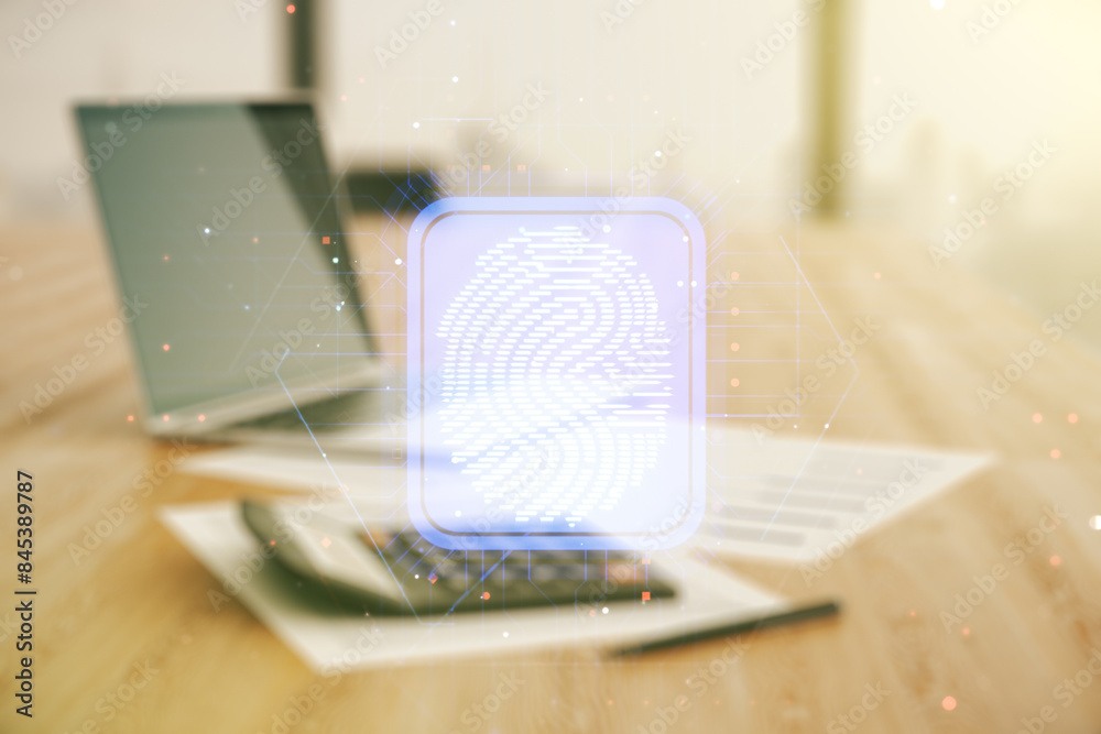 Poster abstract virtual fingerprint hologram on calculator and laptop background. multiexposure