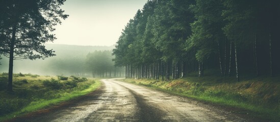 Fototapeta premium empty road with tire tracks in the countryside with forest in surrounding perspective in summer with mist and green trees vintage old effect. Creative banner. Copyspace image