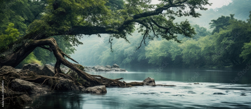 Poster falling tree by the river. creative banner. copyspace image