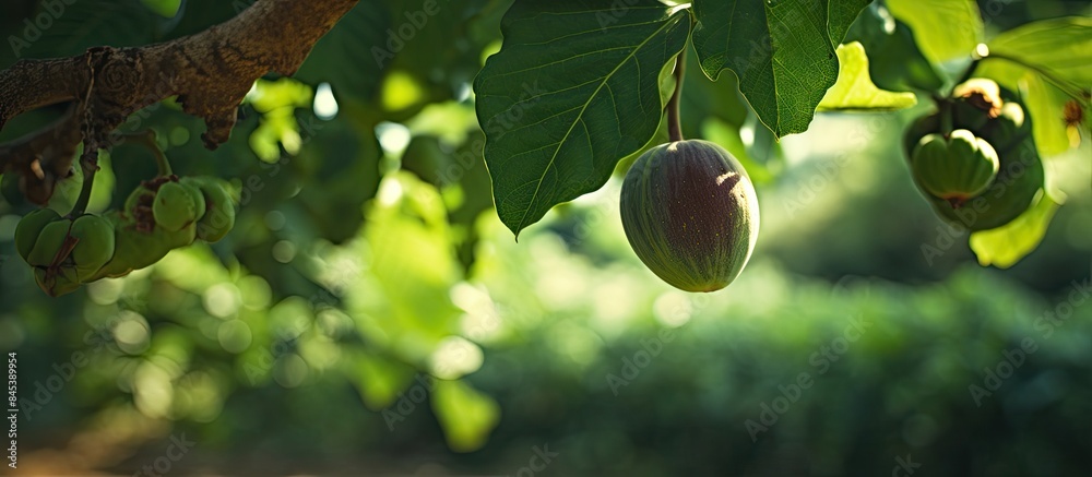 Poster an unripe fig fruit on a tree. creative banner. copyspace image
