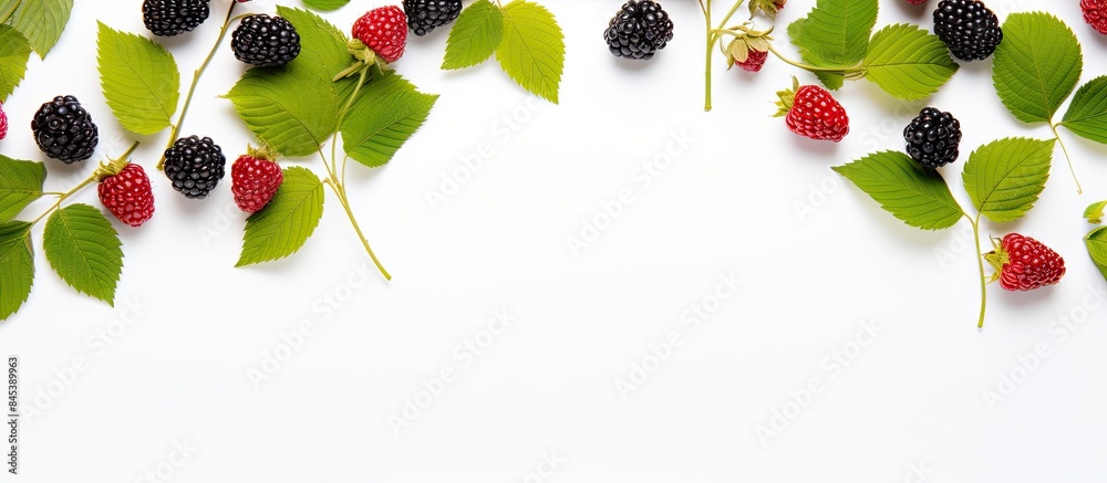 Poster blackberry and raspberry with leaves isolated on white background Top view Flat lay pattern. Creative banner. Copyspace image