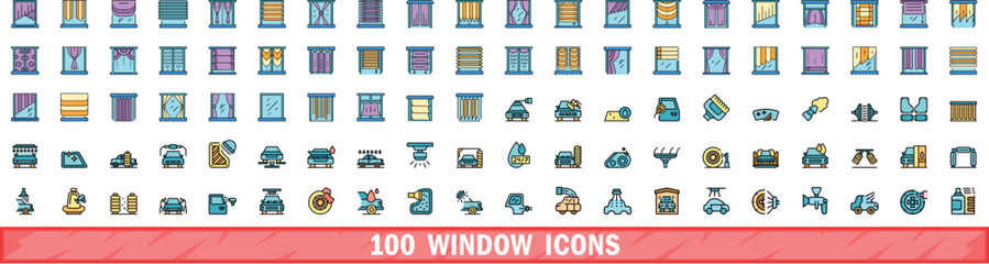 100 window icons set. Color line set of window vector icons thin line color flat on white