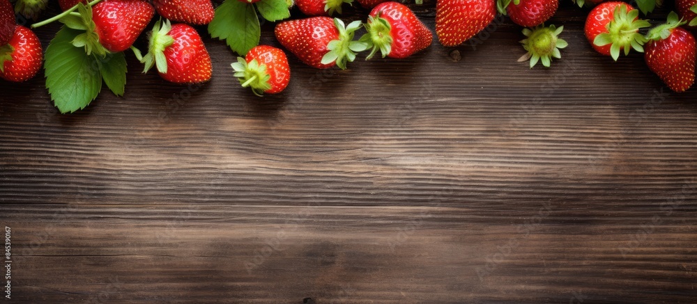 Poster group of fresh red strawberries on rustic background. creative banner. copyspace image