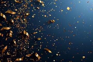 Golden confetti and ribbons falling on dark blue background celebrating festive occasions