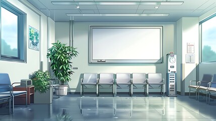 A spacious hospital waiting room with an empty white board on the wall, comfortable chairs, and nearby medical equipment