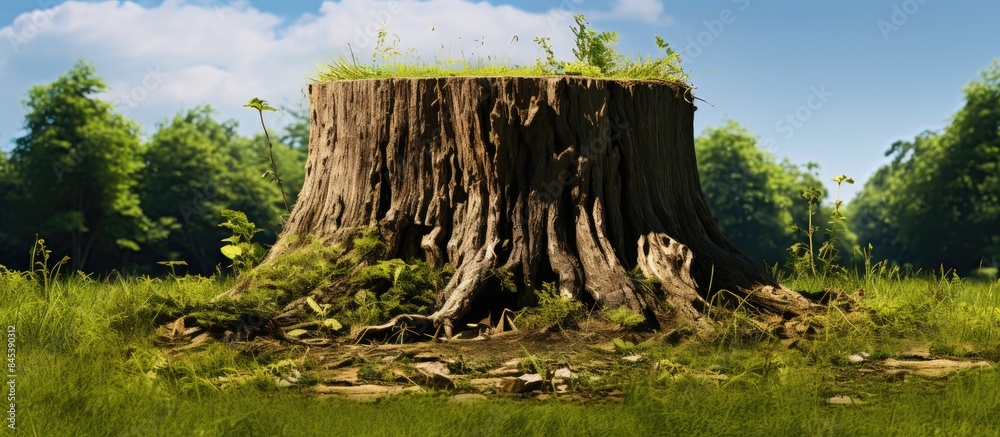 Poster tree stump with grass. creative banner. copyspace image