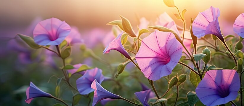 Colorful morning glory or ipomoea flowers. Creative banner. Copyspace image
