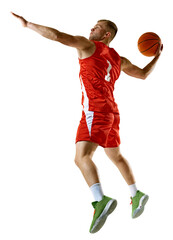 Side view portrait of young sporty man, dressed red uniform scoring goal in motion against transparent background. Concept of professional sport, games, healthy lifestyle, tournament, action. Ad © Lustre Art Group 