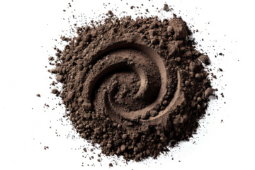 Isolated dirt clump, with scattered soil particles forming a spiral pattern around it, on a white background