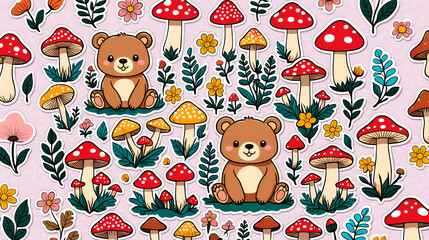 Cute little bear sticker painting with plants and mushrooms, pastoral style, children's painting of little bears