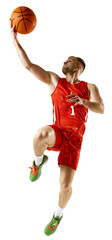 Young man in red basketball jersey and shorts, leaping in motion high for powerful dunk against transparent background. Concept of professional sport, games, healthy lifestyle, tournament, action. Ad © Lustre Art Group 