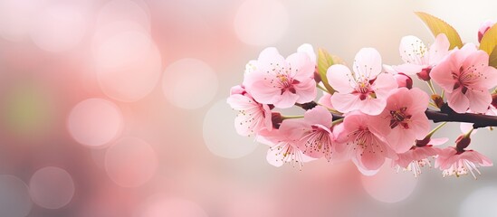 Closeup beautiful sweet pink cherry blossom with green bokeh background Pink Sakura flowers with copy space