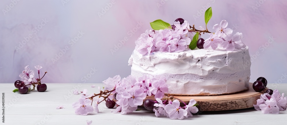 Aufkleber homemade cherry cake with cream mascarpone on a light background and a bouquet of cherry flowers and