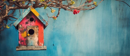 an old painted birdhouse hanging from tree. Creative banner. Copyspace image