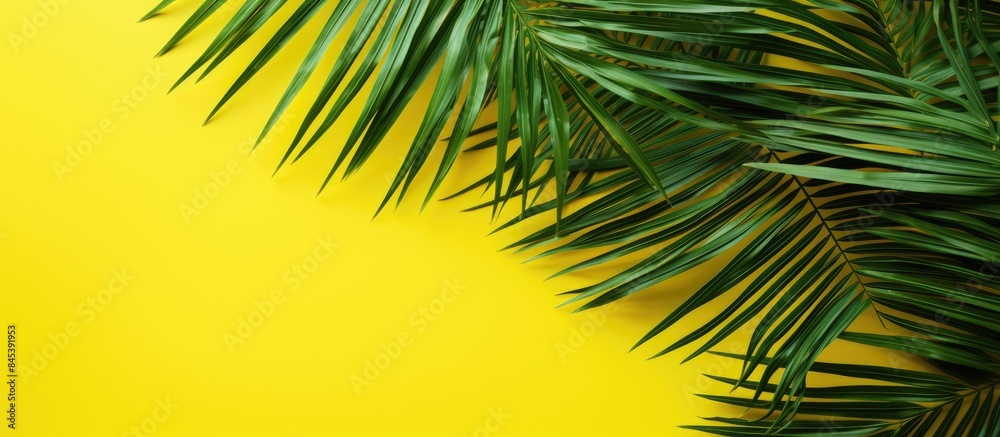 Poster flat lay of green palm branches over yellow background top view copy space wide composition summer v