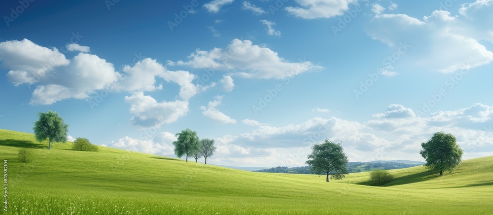 Poster quiet and lonely view of a meadow with sparse trees in the wind. Creative banner. Copyspace image