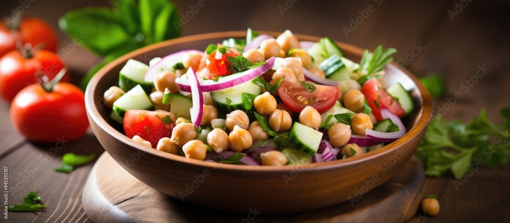 Aufkleber mediterranean salad with chickpea tomatoes cucumbers spinach and red onion. creative banner. copyspa