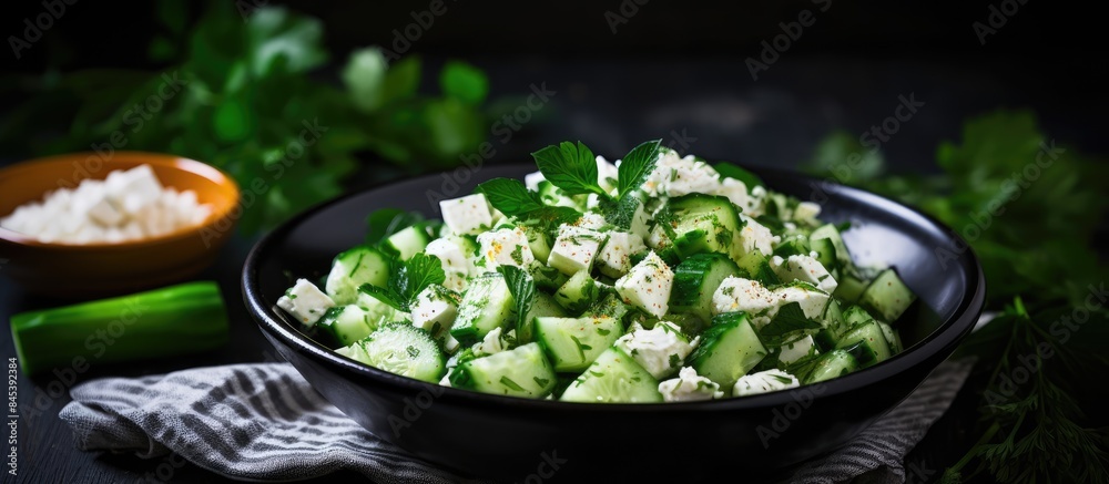 Poster Homemade Cucumber Shepards Salad with Feta and Parsley. Creative banner. Copyspace image
