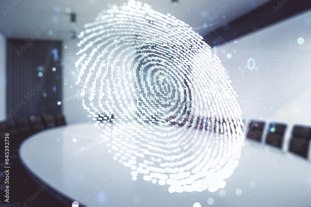 Poster multi exposure of virtual abstract fingerprint illustration on a modern conference room background, 