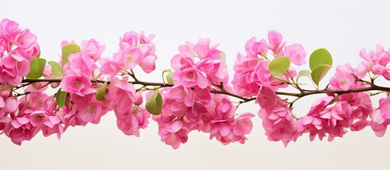 Fototapeta premium Pink Bougainvillea of paper flower with small green leaves with green background in soft focus. Creative banner. Copyspace image