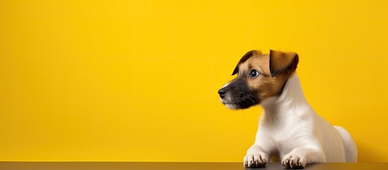 Dog starring at yellow ball. Creative banner. Copyspace image