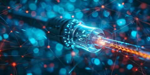 Fiber optic cable symbolizing fast data transfer on blue digital background. Concept Technology, Data Transfer, Fiber Optic Cable, Digital Background, Blue Theme