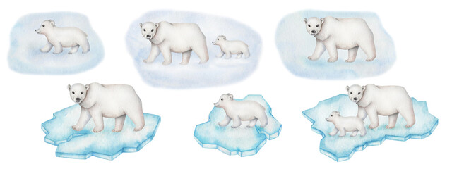 Watercolor set of illustrations. Hand painted polar bear with baby bear on ice floe, snow. White bear, cub. Floating ice. Frozen water. Arctic Ocean, North Pole animal. Isolated cartoon clip art