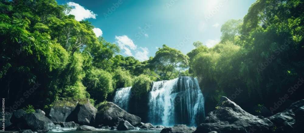 Aufkleber waterfall surrounded by many trees and a blue sky. creative banner. copyspace image
