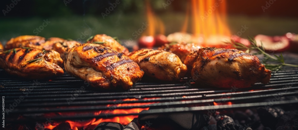 Poster chicken on a barbecue in backyard. creative banner. copyspace image