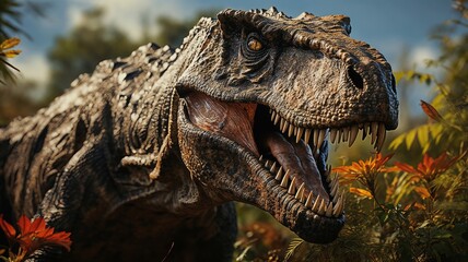 Obraz premium Ferocious Dinosaur Roaring in Lush Jungle Environment