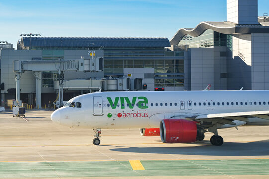 Los Angeles, California, USA - 12 January 2024: VivaAerobus Airbus A320 (registration XA-VIJ) taxiing for take off at Los Angeles International aiport