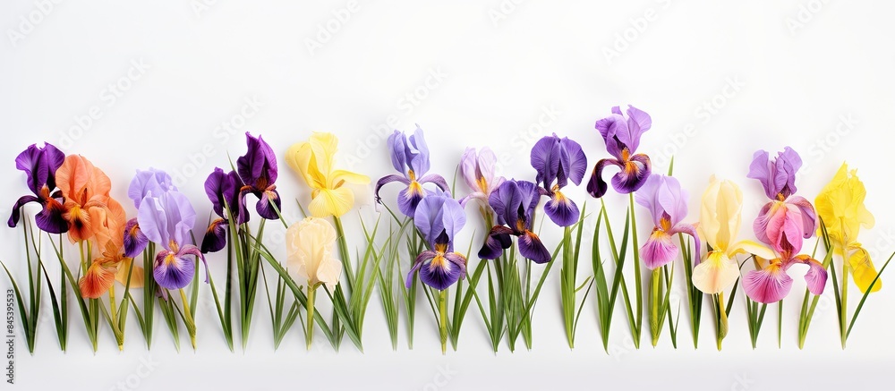 Poster various colorful irises isolated on a white background. creative banner. copyspace image