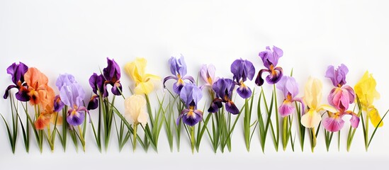 Various colorful irises isolated on a white background. Creative banner. Copyspace image