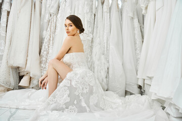 A young brunette bride sits in front of a rack of dresses, carefully selecting the perfect gown for her wedding day.