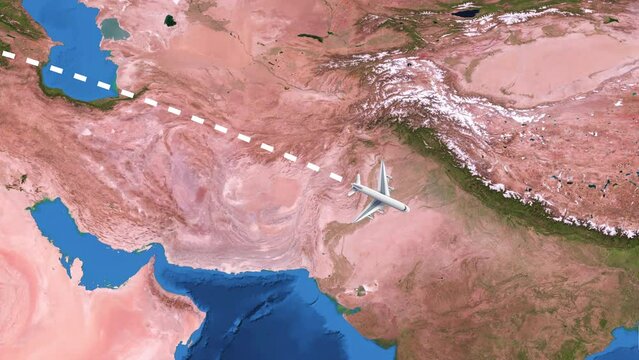 International flight travel route from Paris to Bangkok on worlds map in 4K
