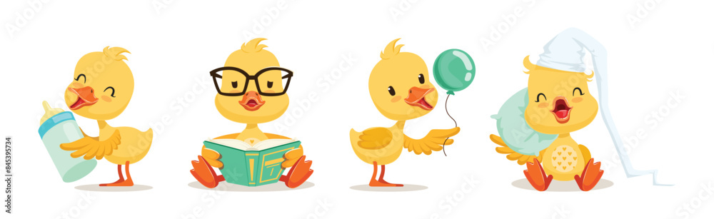 Sticker Little Yellow Duck Chick Different Emotion And Situation Vector Set