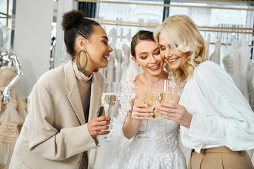 A young bride in a wedding dress, her middle-aged mother, and bridesmaid stand together, holding wine glasses.