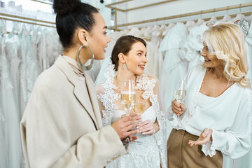Two women, a young bride in a wedding dress and her middle-aged mother in a bridesmaids gown, stand together holding champagne glasses.