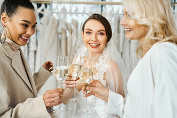 A young brunette bride in a wedding dress, her middle-aged mother, and her best friend as a bridesmaid, holding wine glasses in a bridal salon.