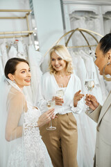 Three women - a young bride, her middle-aged mother, and a bridesmaid - stand side by side, each holding a champagne glass.
