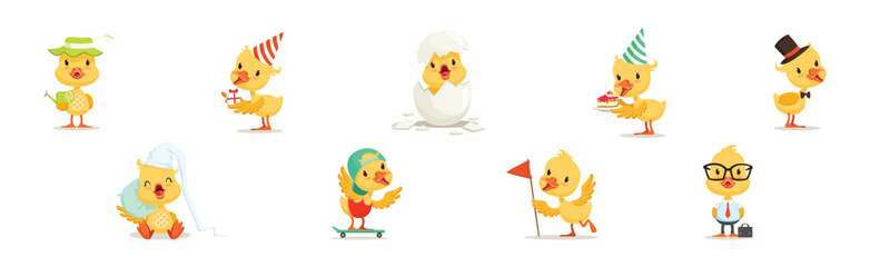 Little Yellow Duck Chick Different Emotion And Situation Vector Set