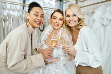 A young bride in a wedding dress, her middle-aged mother, and her best friend as a bridesmaid, standing side by side holding wine glasses.