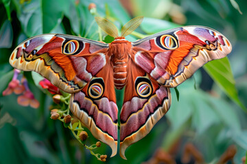 A vibrant Atlas moth butterfly, wing with eye-like markings and orange-brown hues rests among the foliage of a garden.