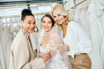 Young bride, middle-aged mother, and bridesmaid in bridal salon, stand holding champagne glasses.