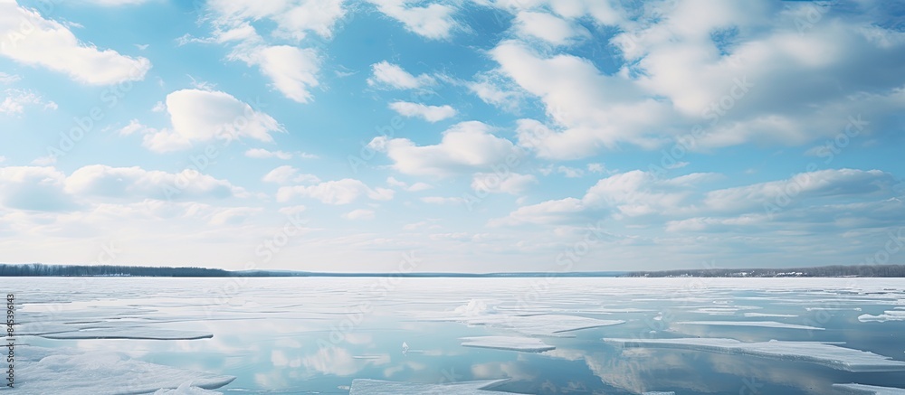 Aufkleber spring ice drift on the river and cloudy sky. creative banner. copyspace image