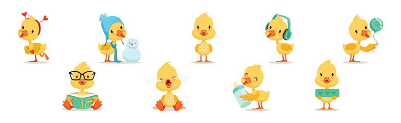 Little Yellow Duck Chick Different Emotion And Situation Vector Set