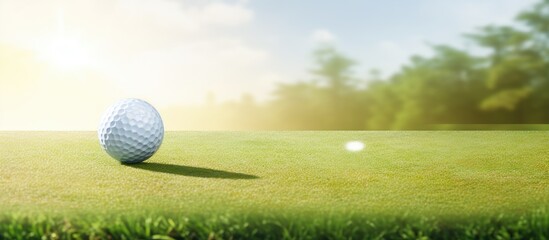 golf ball near the putting green in a very sunny day. Creative banner. Copyspace image