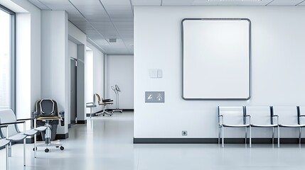 A clean and bright hospital waiting room featuring an empty white blank poster on the white wall, with medical equipment nearby