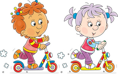 Happy little girls merrily riding their toy scooters on a playground in a park on a summer vacation, vector cartoon illustration isolated on a white background